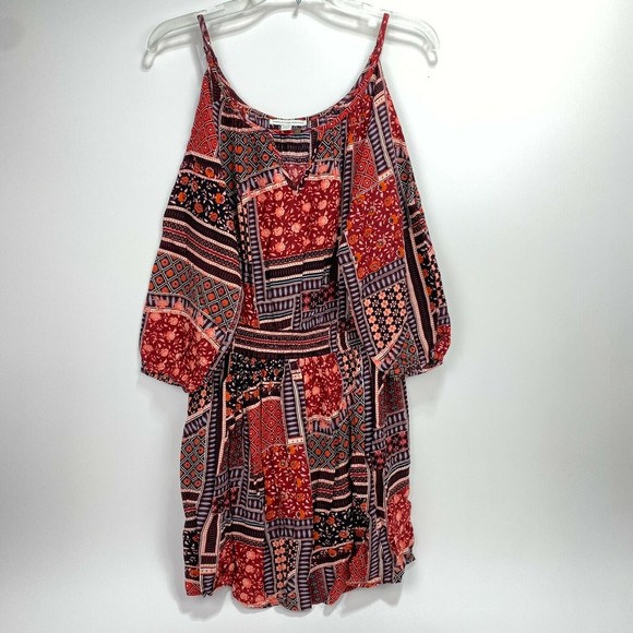 American Eagle Outfitters Cold Shoulder Dress Multicolor Patchwork Boho Medium M - Picture 2 of 11